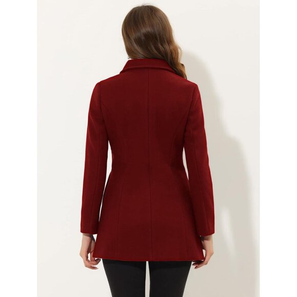 Women's Dark Red Peter Pan Collar Double Breasted Winter Long Trench Pea Coat - Picture 4 of 5